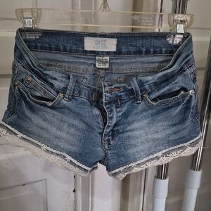Bluenotes Low-Rise Denim Shorts with White Lace Trim - Blue Wash